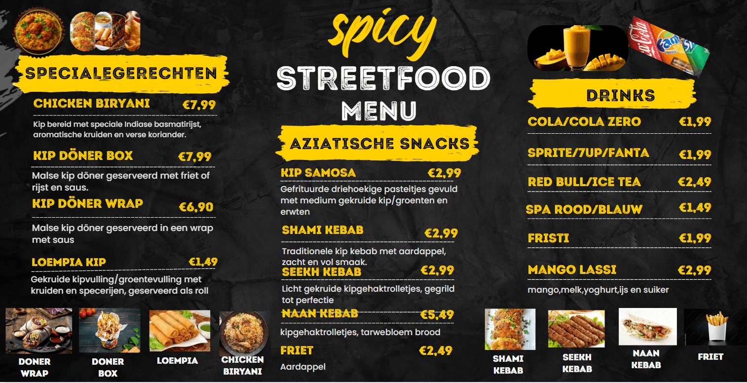 Spicy street food menu board